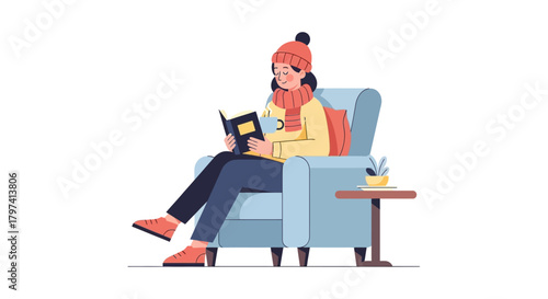 Flat Illustration of a Woman Reading Book Relaxing on Armchair