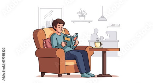 Line Art Man Relaxing in Armchair Reading Book at Cafe