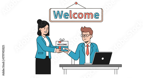 Minimalist Outline Style Welcome Gift Illustration for New Employee Onboarding