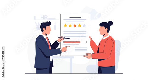 Flat Style Detailed Employee Performance Review Illustration with Star Ratings