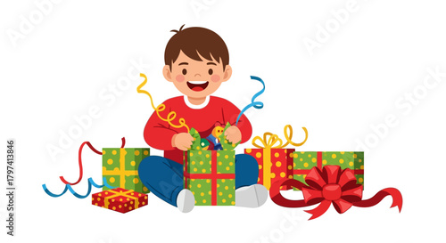 Cheerful Cartoon Boy Opening Colorful Presents with Ribbons Illustration