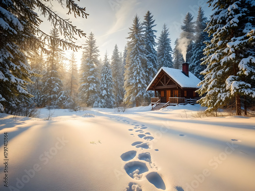 A cabin in the woods with a chimney and smoke coming out of it