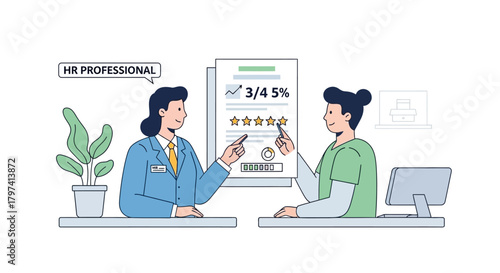 Modern Line Illustration of HR Professional Giving Employee Review in Office Environment
