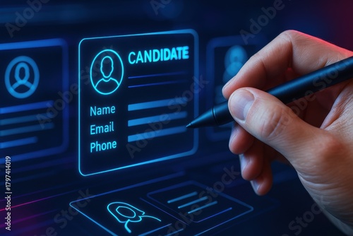 Digital representation of job candidate information being filled out with a stylus on a futuristic interface. Concept of recruitment technology, digital forms, and modern hiring processes.
