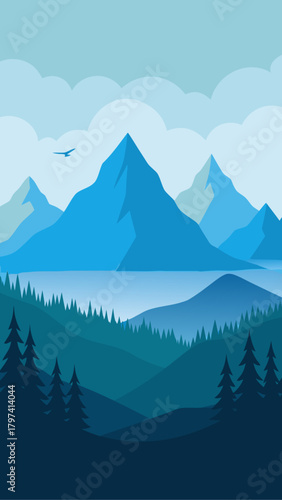 Illustration of mountains and forest with flying bird