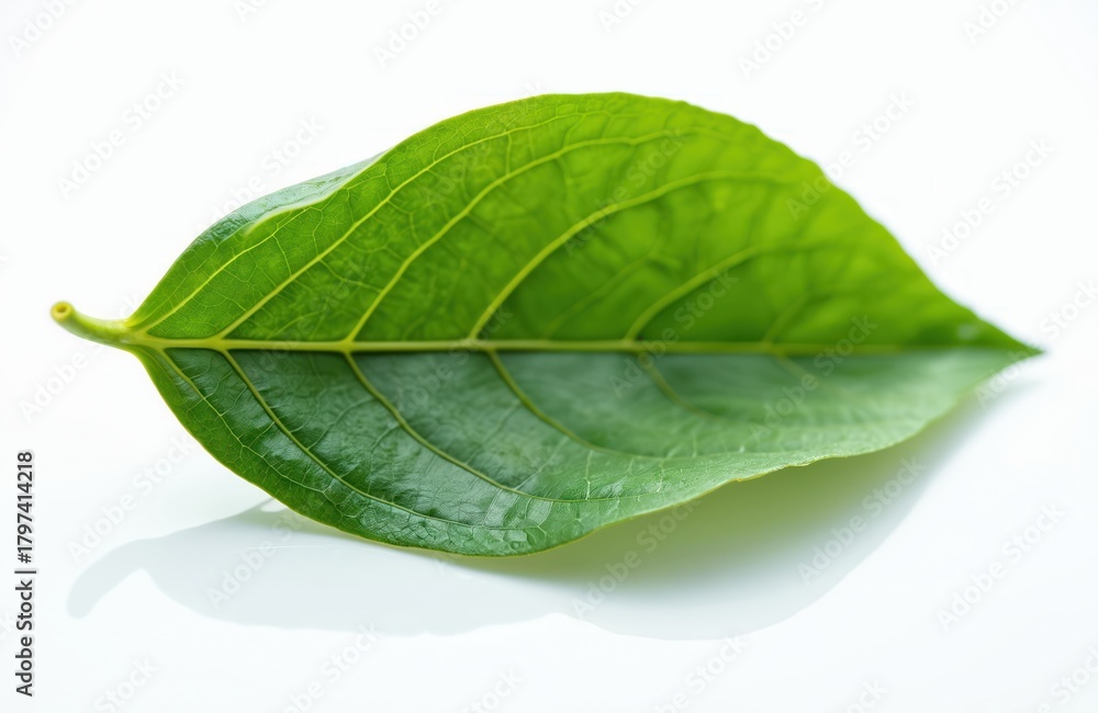 Obraz premium Fresh green leaf with prominent veins lays on bright white surface. Herbal plant shows natural texture, vibrant color. Single botanical element used in traditional medicine, alternative health care.