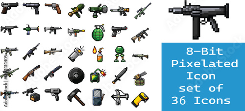 36 eight bit pixel weapon icon set vector