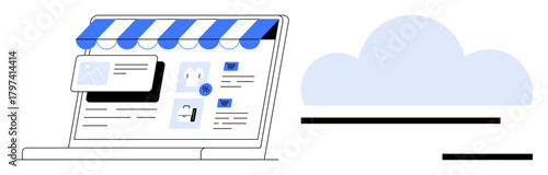 Laptop screen displaying e-commerce storefront, blue-striped awning, product listings, over cloud icon. Ideal for online shopping, cloud solutions, e-commerce, technology, digital marketing SaaS