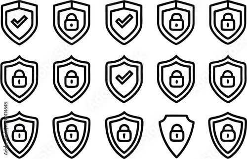 Set of shield icons with lock and checkmark symbols for security