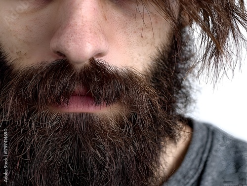 Extreme close up of a scruffy man with a full beard and a slightly unkempt appearance against a bright, neutral background in high resolution.