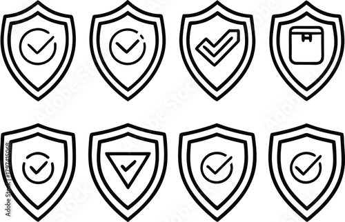 Set of eight shield icons with checkmarks and package symbol