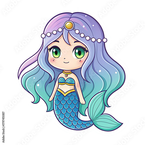 Cute kawaii mermaid character with long wavy hair isolated on transparent background