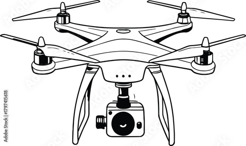 A line drawing of a drone with four propellers and a camera attached to the bottom center of the drone