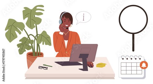 Professional at desk with computer and headset, offering assistance. Leafy plant, calendar, magnifying glass. Ideal for support, communication, assistance, organization scheduling search digital