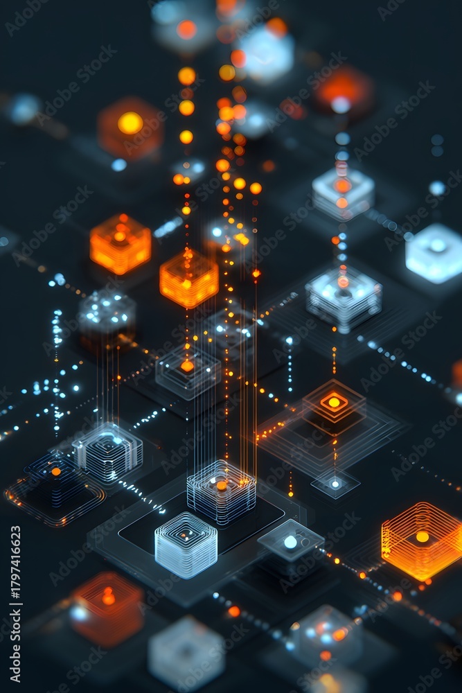 Fototapeta premium Isometric AI powered multi department integration chart glowing nodes