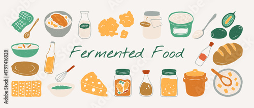 Hand drawn fermented food doodle illustration set