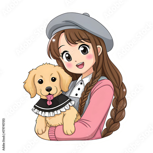 Cute anime girl holding a golden retriever puppy isolated on transparent background