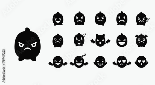Black Halloween Ghost and Monster Emoticon Icons Set Vector Pack