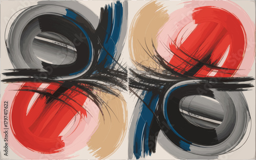 Abstract art painting with two symmetrical brush strokes and intertwined lines creating dynamic pattern, vibrant colors modern texture design artwork