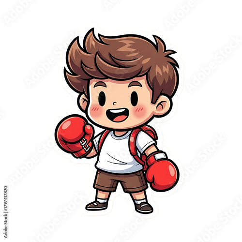 Cute cartoon boy wearing boxing gloves and backpack isolated on transparent background
