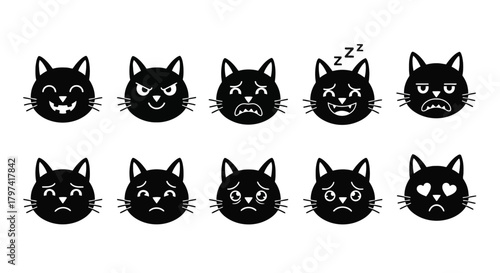 Cute Black Cat Emoji Faces Expressing Ten Different Emotions Sticker Set