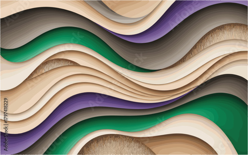 Abstract layered wave background intricate curves in shades of brown beige green and purple with textured elements creating a dynamic visual effect