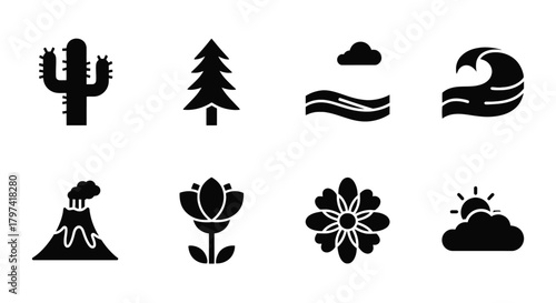 Nature Landscape Environment Ecology Solid Glyph Icons Set