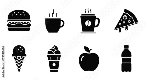 Fast Food and Drink Icons Set Glyph Style Vector Collection
