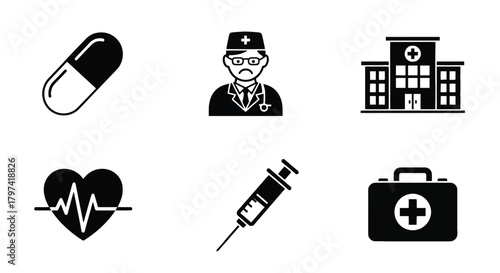 Medical Health Care Icons Set Doctor Hospital Pharmacy Syringe Heartbeat First Aid