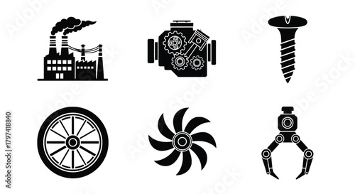 Industrial Manufacturing Mechanical Icons Factory Engine Screw Robot Arm Glyph Set