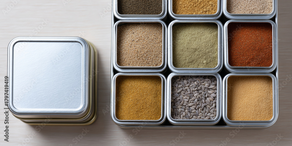 Fototapeta premium Top view of square metal containers filled with various colorful spices and seeds arranged in a grid on a light wooden surface