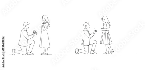 Elegant man proposing to woman with ring in minimalist line drawing art