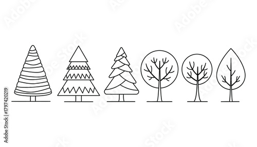 Simple line art of various trees for seasonal design projects