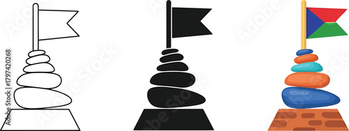 Rock balancing with flag for success and zen art