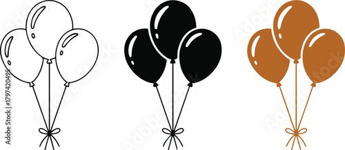 Black and white vector balloons fly up into the blue sky for a fun birthday celebration and party decoration