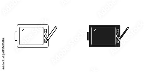 Two icons of a drawing tablet with stylus, one in outline and one in solid black
