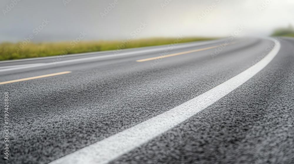 Obraz premium A close-up view of a winding asphalt road under a cloudy sky, symbolizing freedom and adventure for travelers and commuters.