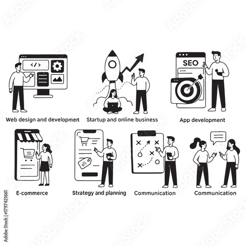 Concepts of web design and development, startup and online business, seo, app development, e-commerce, strategy and planning, communication vector