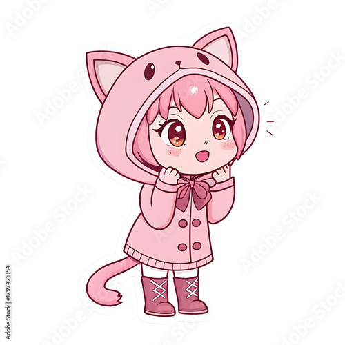 Cute anime girl in pink cat costume isolated on transparent background