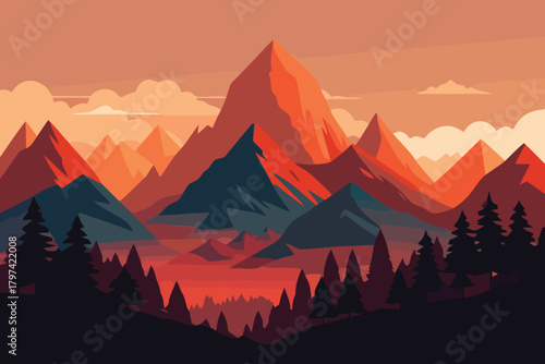 Colorful Mountain Landscape Illustration Geometric Peaks, Pine Trees, and Warm Sunset Tones
