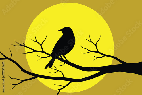 Bird Silhouette on a Branch Against a Full Moon in Minimalist Style