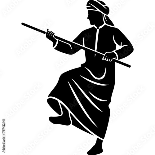 Woodcut style vector of a traditional Emirati man performing a cultural dance, celebrating Middle Eastern heritage and National Day unification.