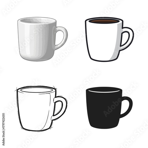 Four Coffee Mug Illustrations Different Styles and Designs for Beverages, Hot Drinks and Caffeine