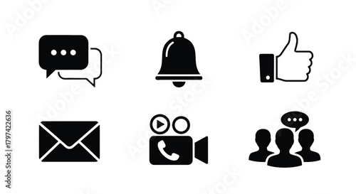 Social media icons set bell like message video chat mail