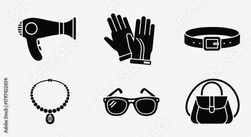 Fashion Accessories Black Glyph Icons Set Hair Dryer Gloves Handbag Sunglasses Belt Necklace