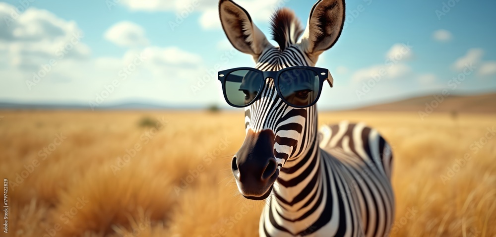 Naklejka premium Zebra wears sunglasses in field with horizon. Animal amusing expression. Mammal stands in savanna. Humorous wildlife moment adds charm. Funny zebra portrait, fashionable animal, playful wildlife