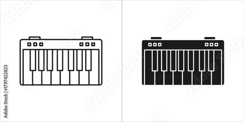 Two icons of a synthesizer keyboard, one in outline and one in solid black
