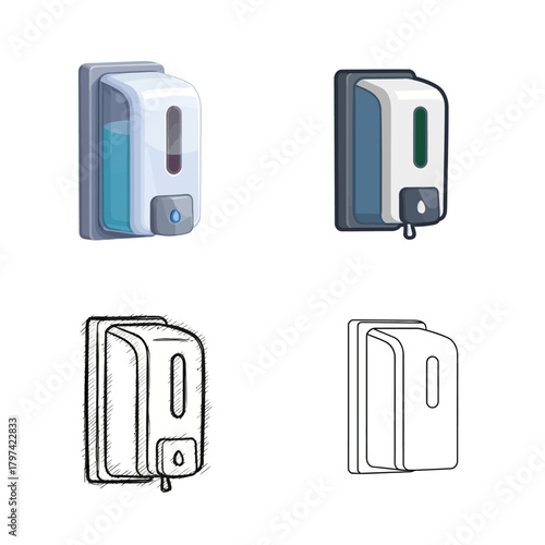 A collection of wall-mounted liquid soap and hand sanitizer dispenser icons, presented in colorful cartoon, hand-drawn sketch, and simple line art styles