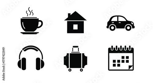 Daily Essential Icons Set Home Travel Coffee Car Calendar Headphones Symbols