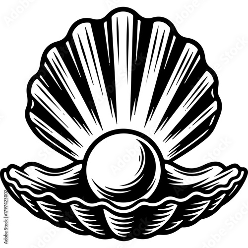 Vintage woodcut vector illustration of a pearl in an open oyster shell, representing United Arab Emirates heritage and traditional value.